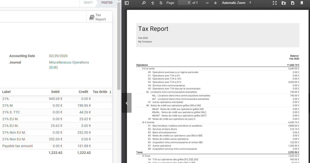 tải xuống PDF với Báo cáo thuế của bạn trong Kế toán Odoo