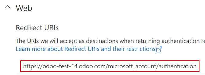 URI cơ sở dữ liệu của Odoo được chấp nhận khi microsoft trả về xác thực