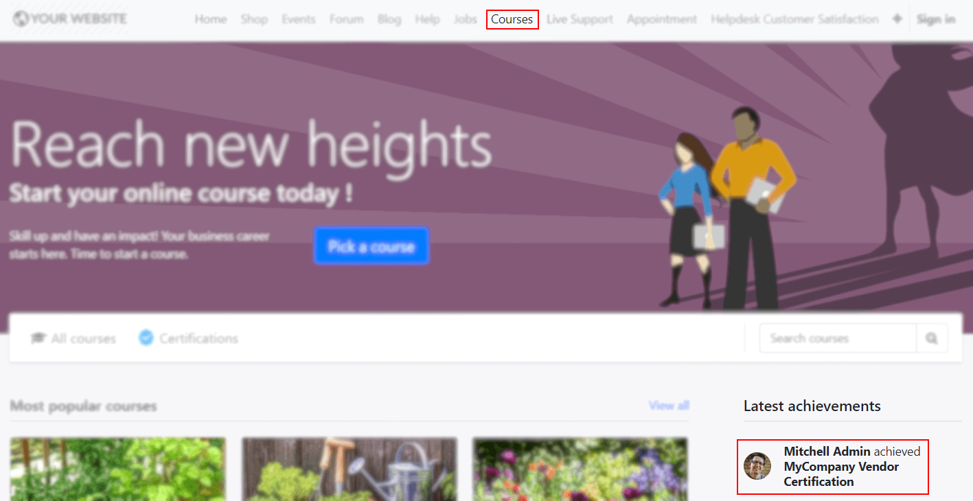 View of the courses tab emphasizing the latest achievements section on the website for
Odoo Surveys
