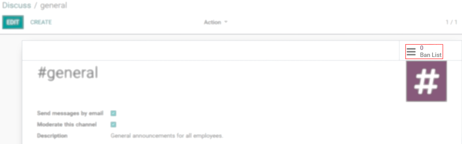 View of a channel's setting form emphasizing the ban Lists menu in Odoo Discuss