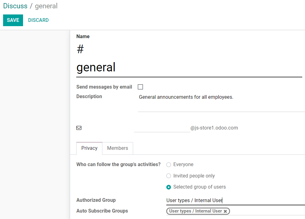 View of a channel's settings form in Odoo Discuss