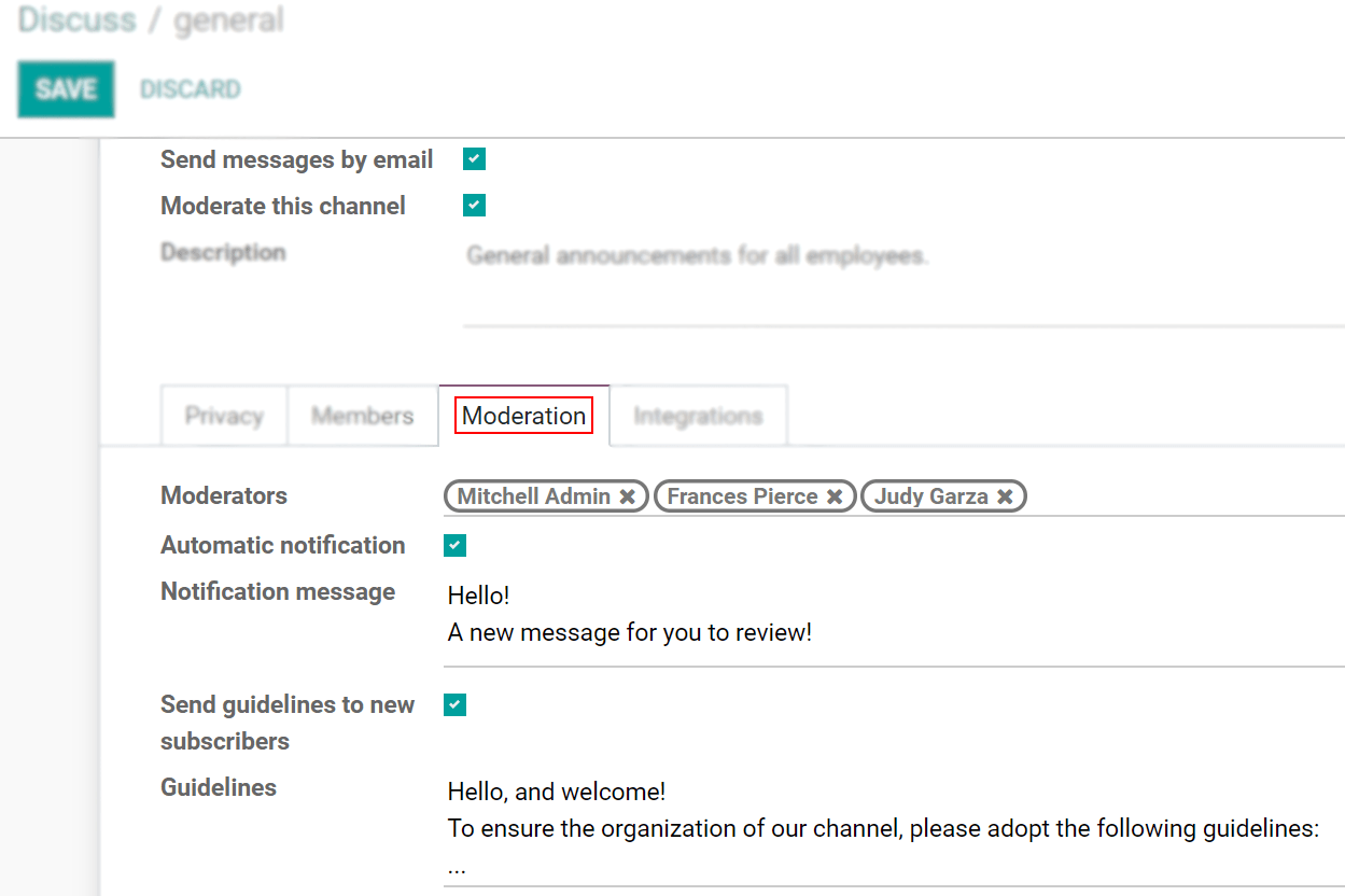 View of a channel's settings form emphasizing the tab moderation in Odoo Discuss