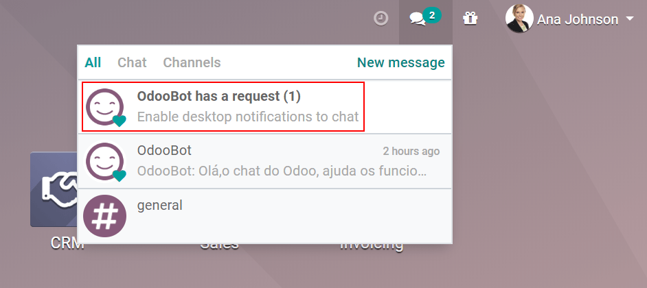 View of the messages under the messaging menu emphasizing the request for push
notifications for Odoo Discuss