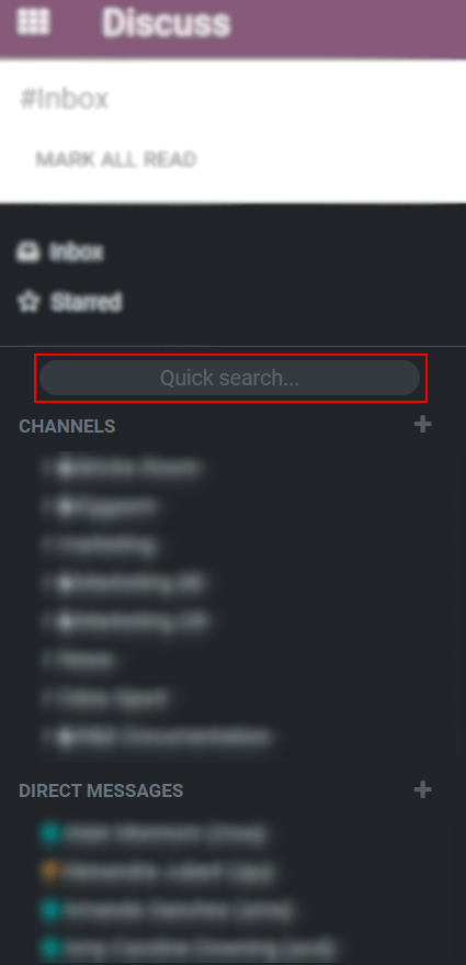 View of the Discuss' sidebar emphasizing the quick search bar in Odoo Discuss