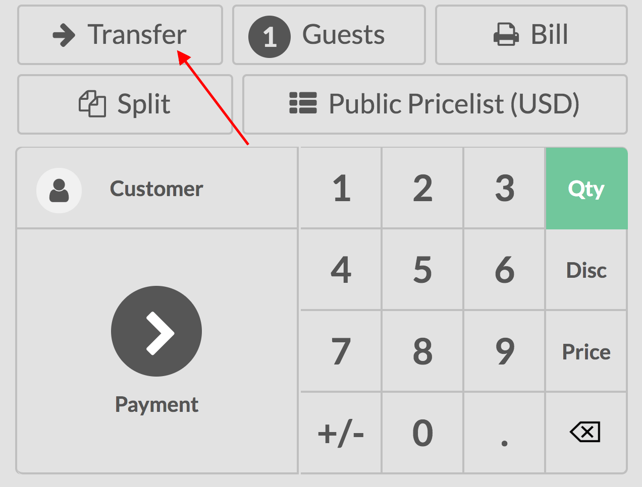 View of the pos interface and transfer button. How to transfer customers from one table 
to another