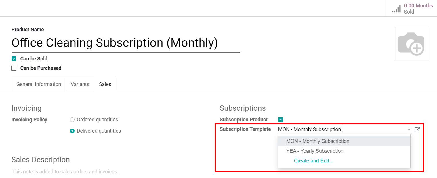 View of a subscription product form in Odoo Subscriptions