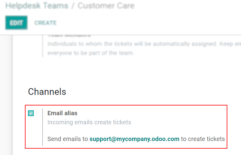 View of the settings page of a helpdesk team emphasizing the email alias feature
in Odoo Helpdesk