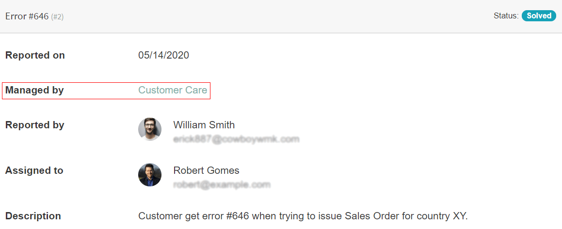 View of the helpdesk ticket from a user's portal emphasizing the link to the helpdesk team
in Odoo Helpdesk
