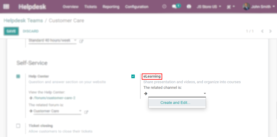 Overview of the settings page of a customer care team emphasizing the feature elearning in
Odoo Helpdesk