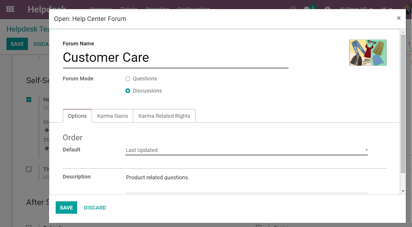 Overview of a forum's settings page in Odoo Helpdesk