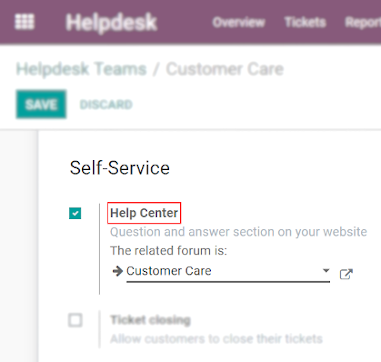 Overview of the settings page of a helpdesk team emphasizing the help center feature in
Odoo Helpdesk