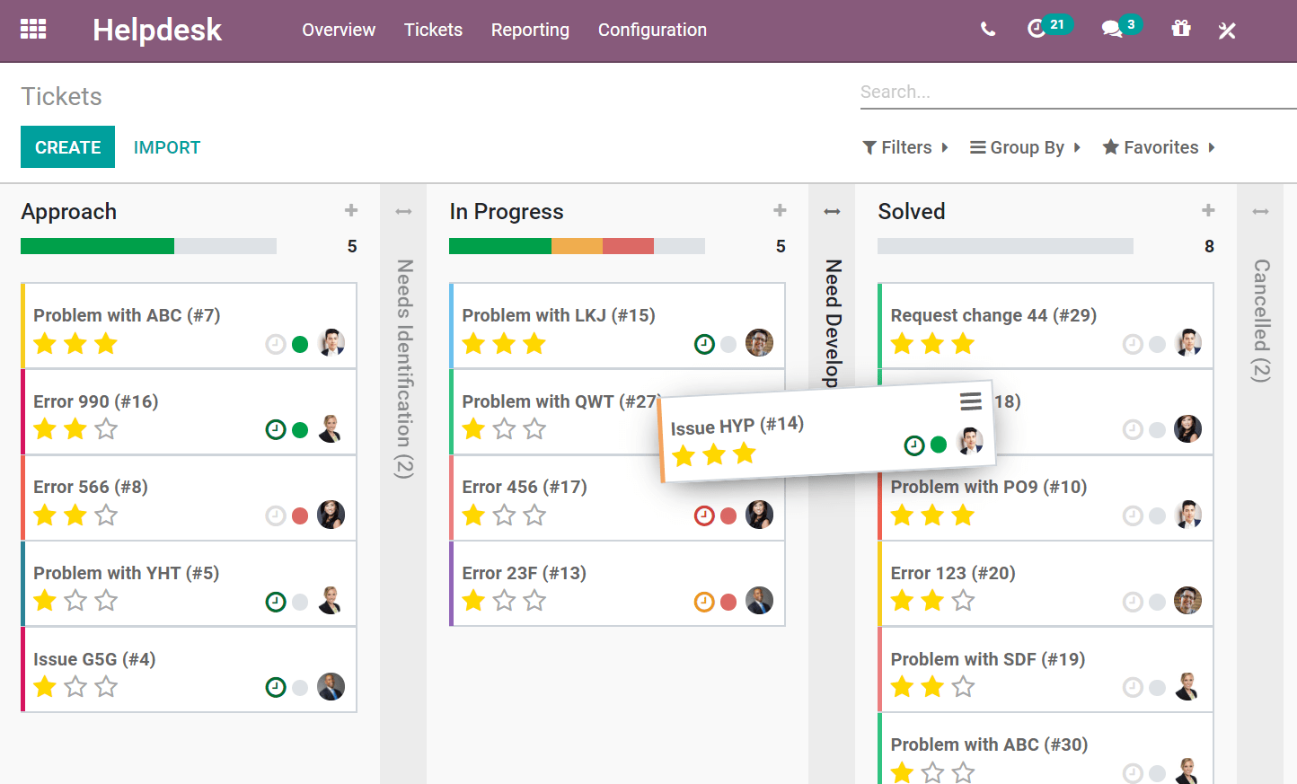 View of a team's kanban view in Odoo Helpdesk