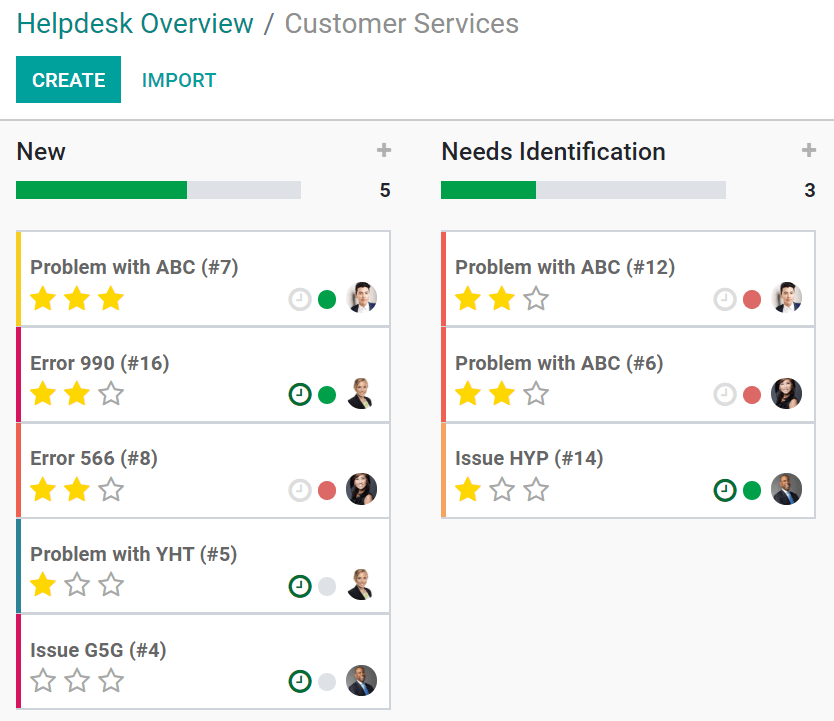 View of a team's kanban view and the prioritized tasks in Odoo Helpdesk