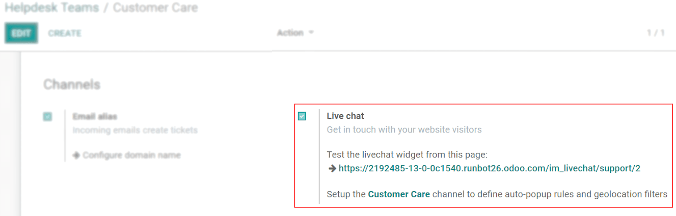 View of the settings page of a helpdesk team emphasizing the live chat features and links
in Odoo Helpdesk