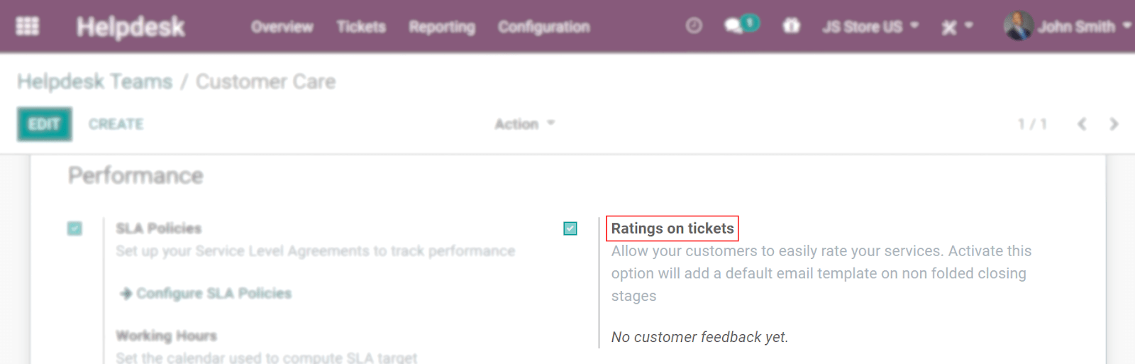 Overview of the settings page of a helpdesk team emphasizing the rating on ticket feature
in Odoo Helpdesk