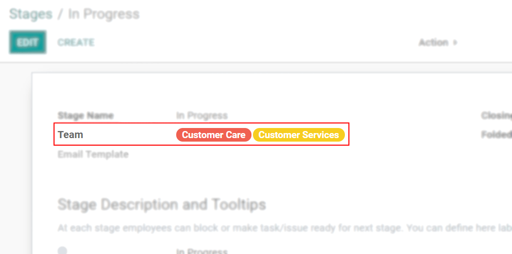 View of a stage's setting page emphasizing the option to add teams in Odoo Helpdesk