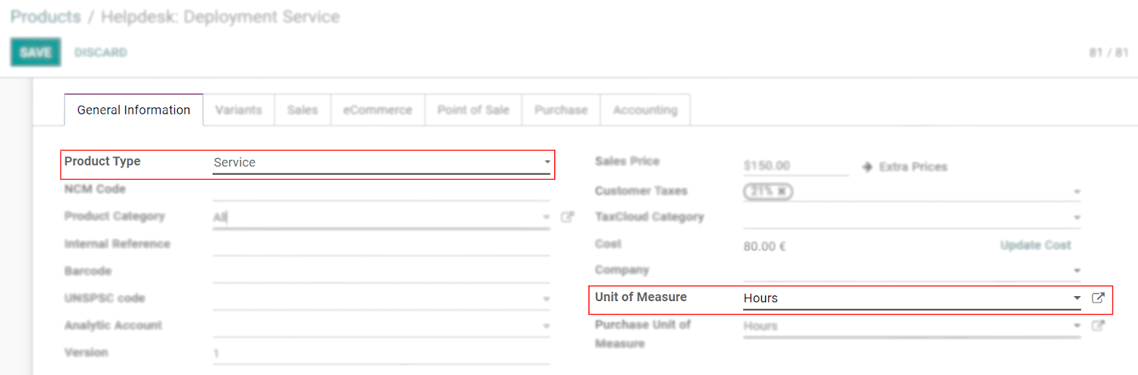 View of a product\'s form emphasizing the product type and unit of measure fields in Odoo
Sales