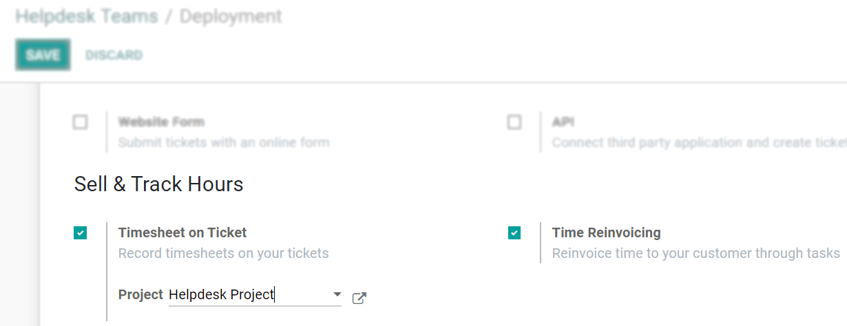 View of a helpdesk team settings page emphasizing the timesheet on ticket and time
reinvoicing features in Odoo Helpdesk