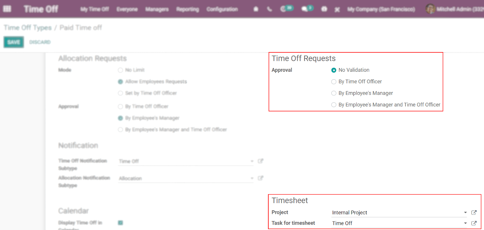 View of a time off types form emphasizing the time off requests and timesheets section in
Odoo Time Off